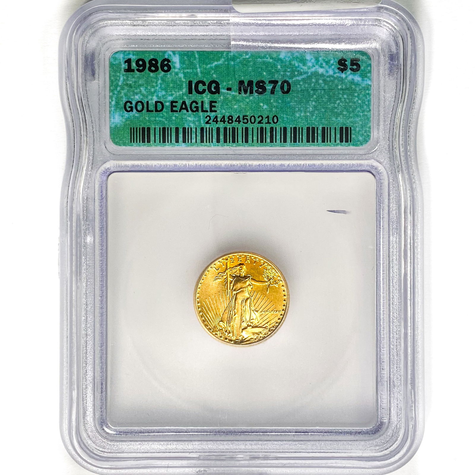 1986 $5 1/10oz. American Gold Eagle ICG MS70 (1 of 2)
