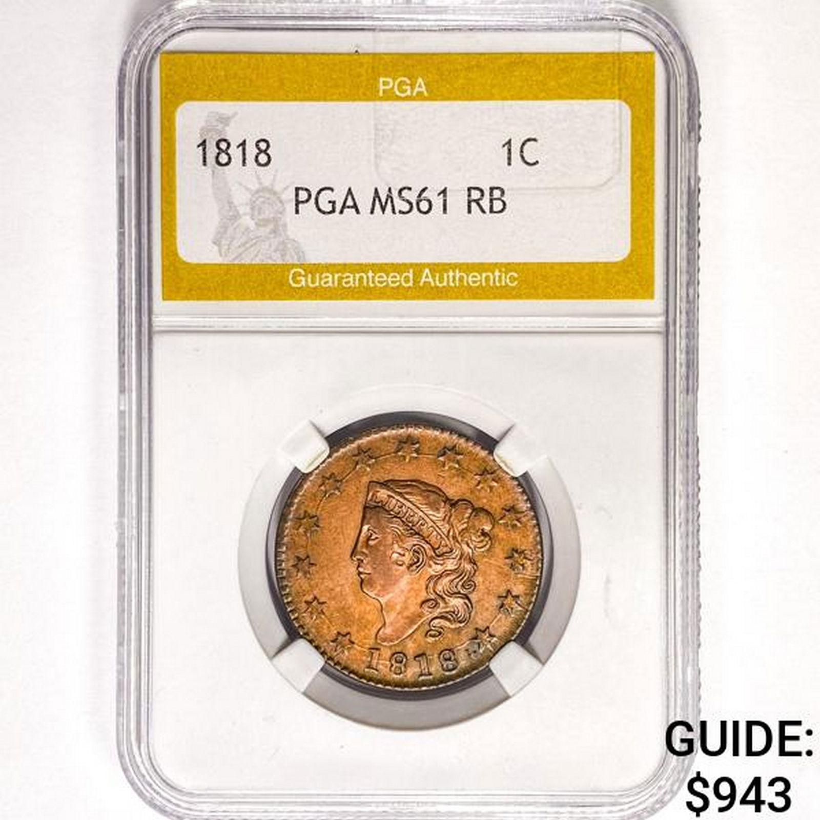 1818 Coronet Head Large Cent PGA MS61 RB (1 of 2)