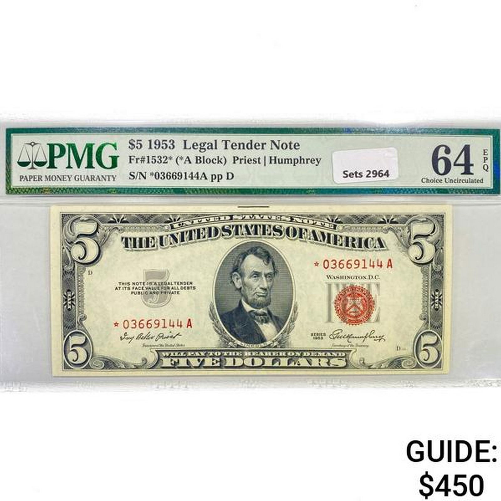 1953 Star $5 Legal Tender Note PMG Ch UNC 64 (1 of 2)