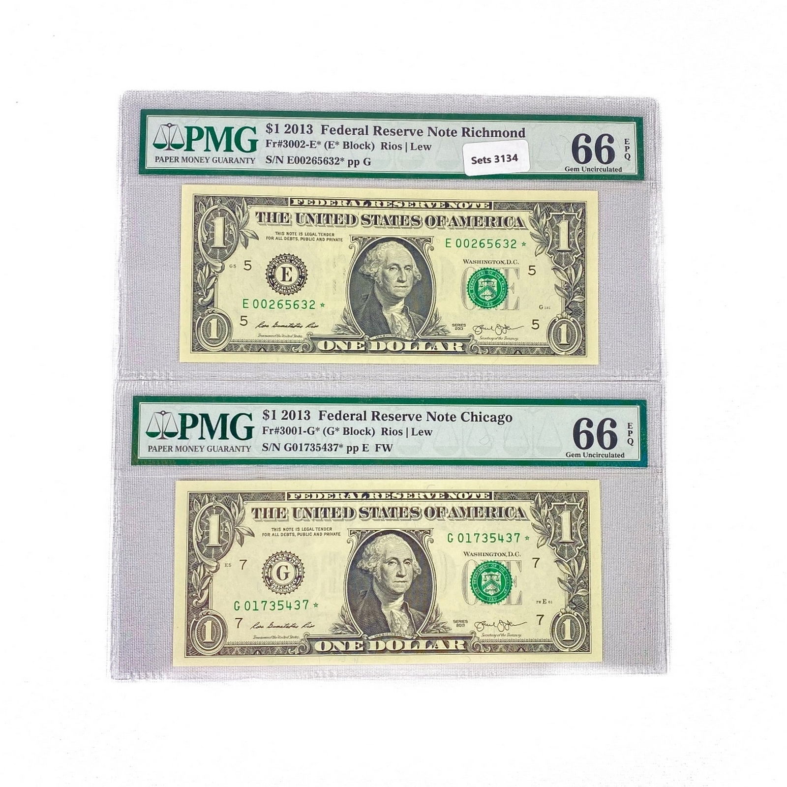 (2) 2013 Star $1 Fed Reserve Notes PMG GEM UNC 66 (1 of 2)