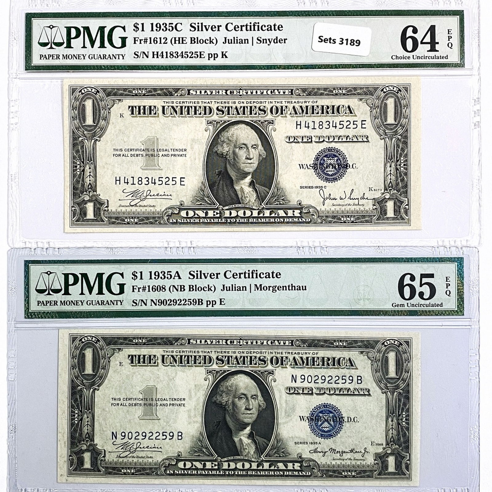 (2) 1935 E $1 Silver Cert.'s PMG (1 of 2)