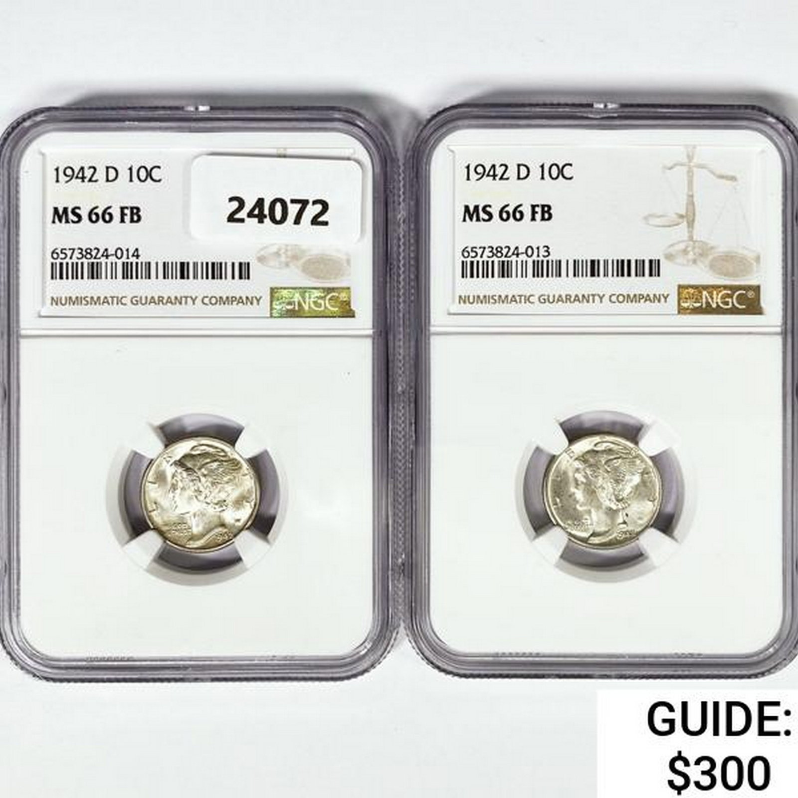 1942-D Set [2] Mercury Silver Dime NGC MS66 FB: 1942-D Set [2] Mercury Silver Dime NGC MS66 FB