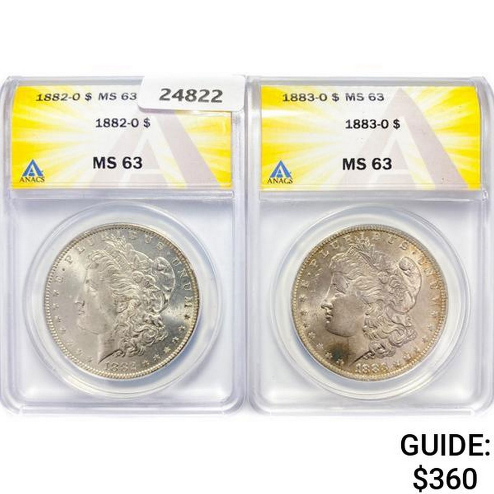 1882-O,1883-O (2) Morgan Silver Dollars ANACS MS63 (1 of 2)