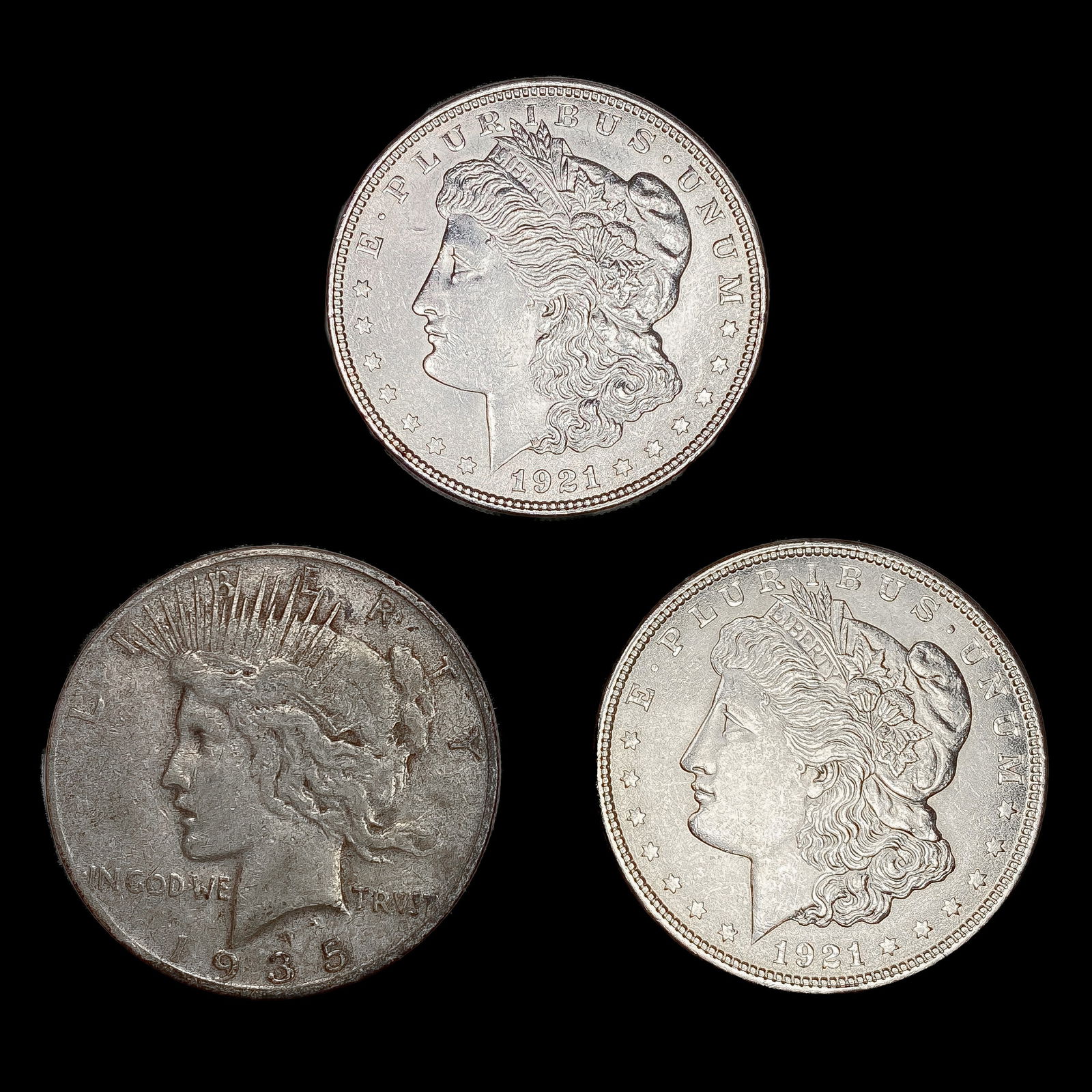 [3] US Silver Dollars ((2) 1921, 1935-S) HIGH GRAD (1 of 2)