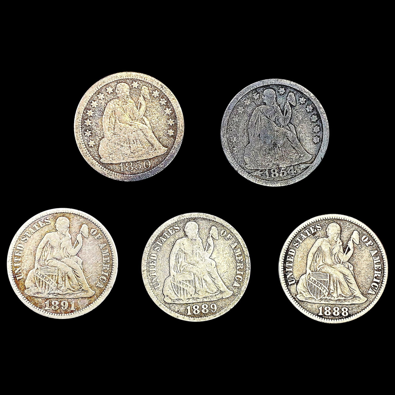 [4] Seated Lib Dimes [1850-O, 1854-O, 1888-S, 1889: [4] Seated Lib Dimes [1850-O, 1854-O, 1888-S, 1889