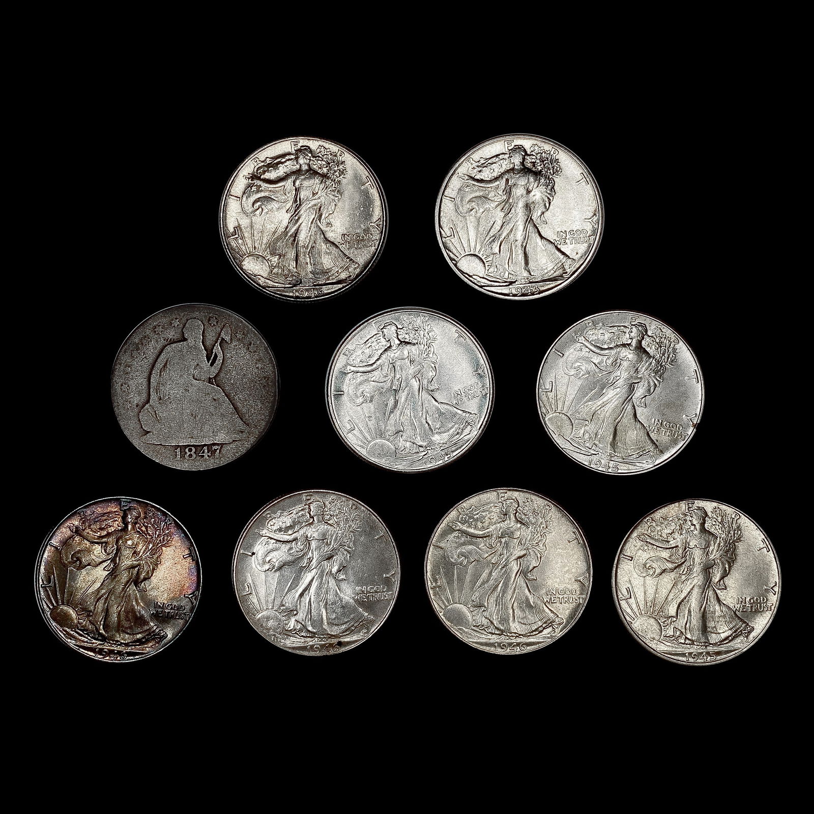 [9] Varied US Half Dollars (1847, 1843-S, (2) 1945 (1 of 2)