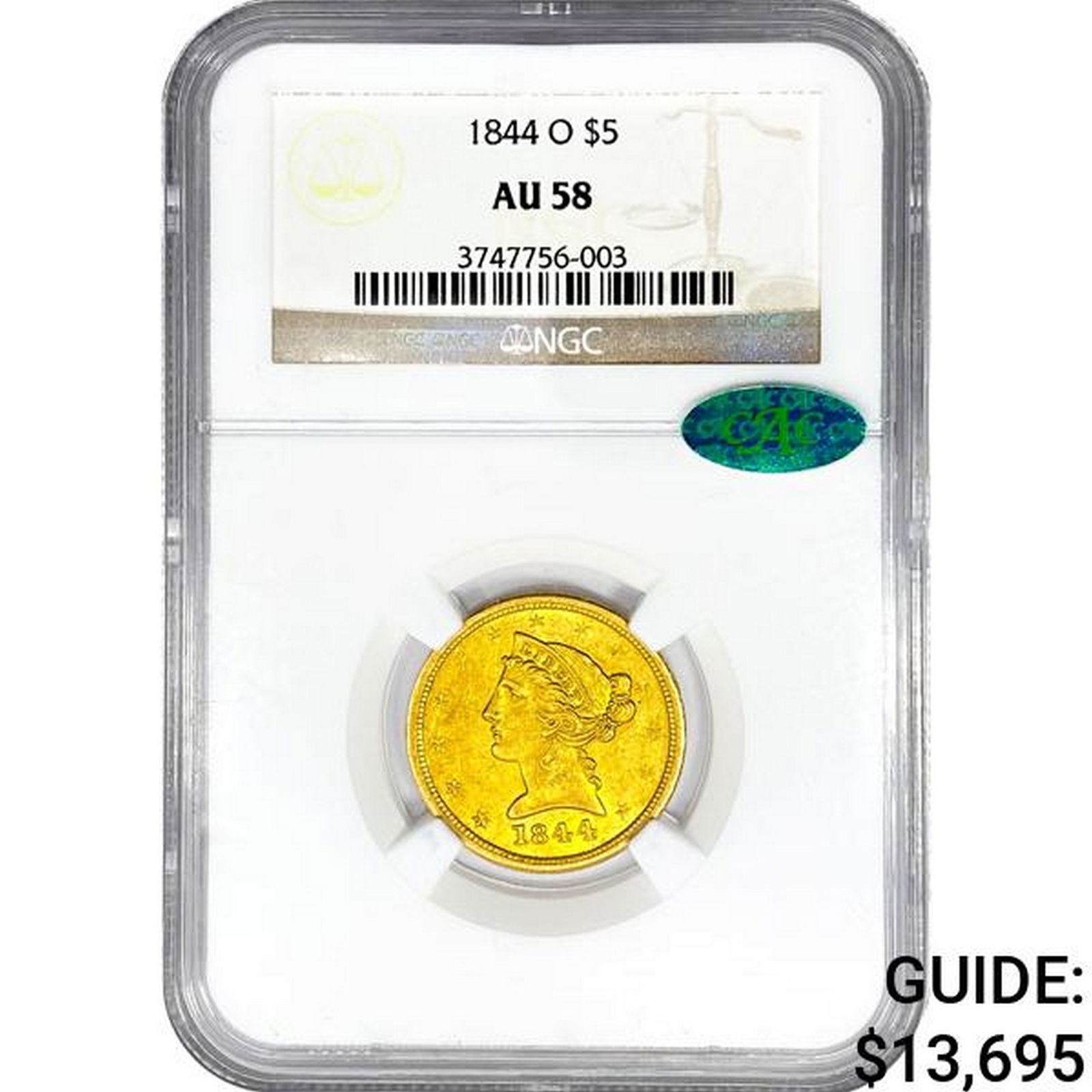 1844-O CAC $5 Gold Half Eagle NGC AU58 (1 of 2)