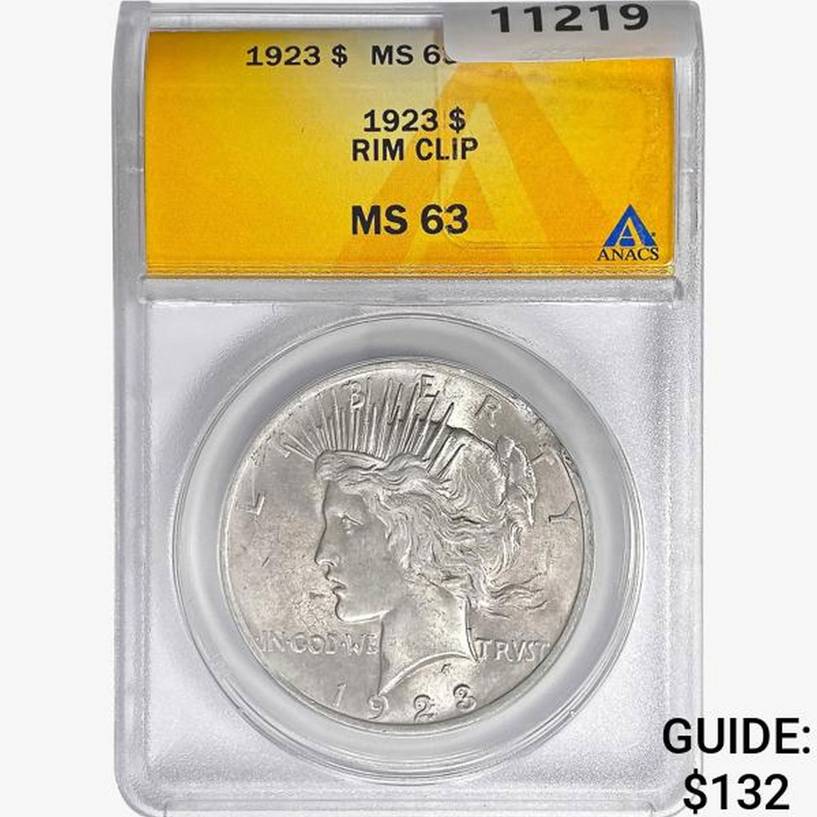 1923 Silver Peace Dollar ANACS MS63 Rim Clip (1 of 2)