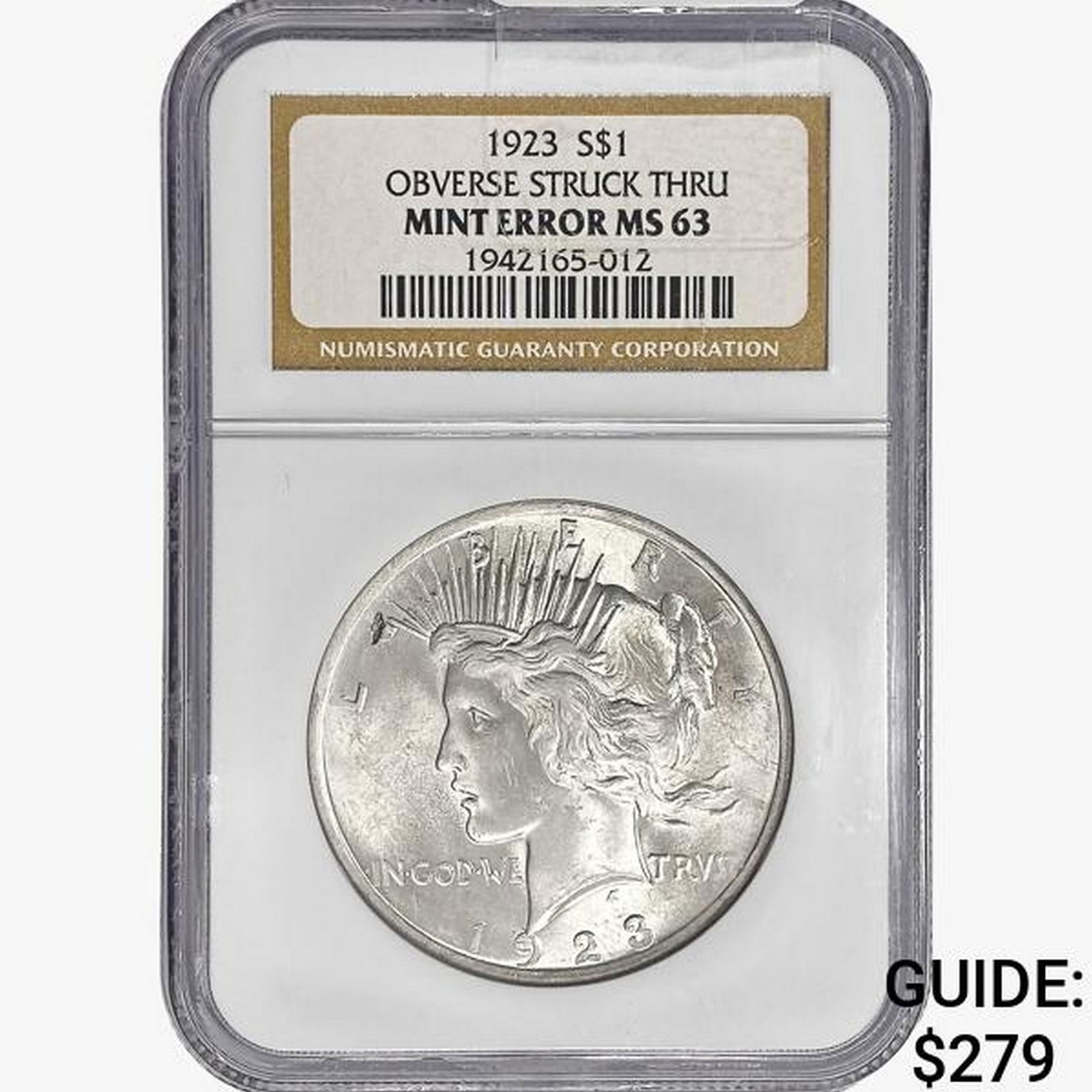 1923 Silver Peace Dollar NGC MS63 OBV Struck Thru, (1 of 2)