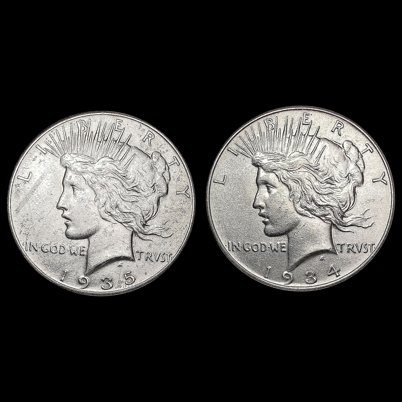 [2] Peace Silver Dollars [1934, 1935] CLOSELY UNCI (1 of 2)