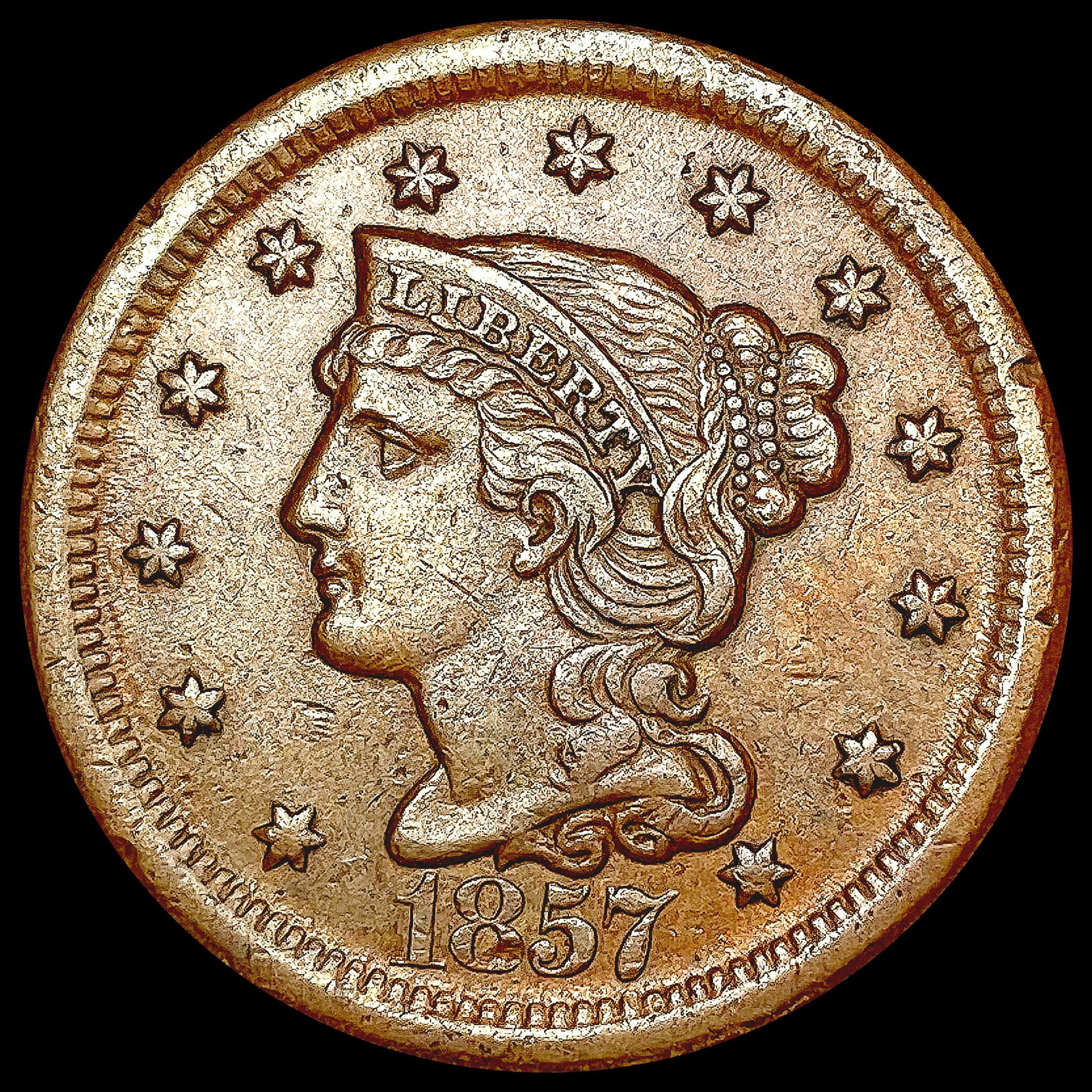 1857 Lg Dt Braided Hair Large Cent CLOSELY UNCIRCU (1 of 2)