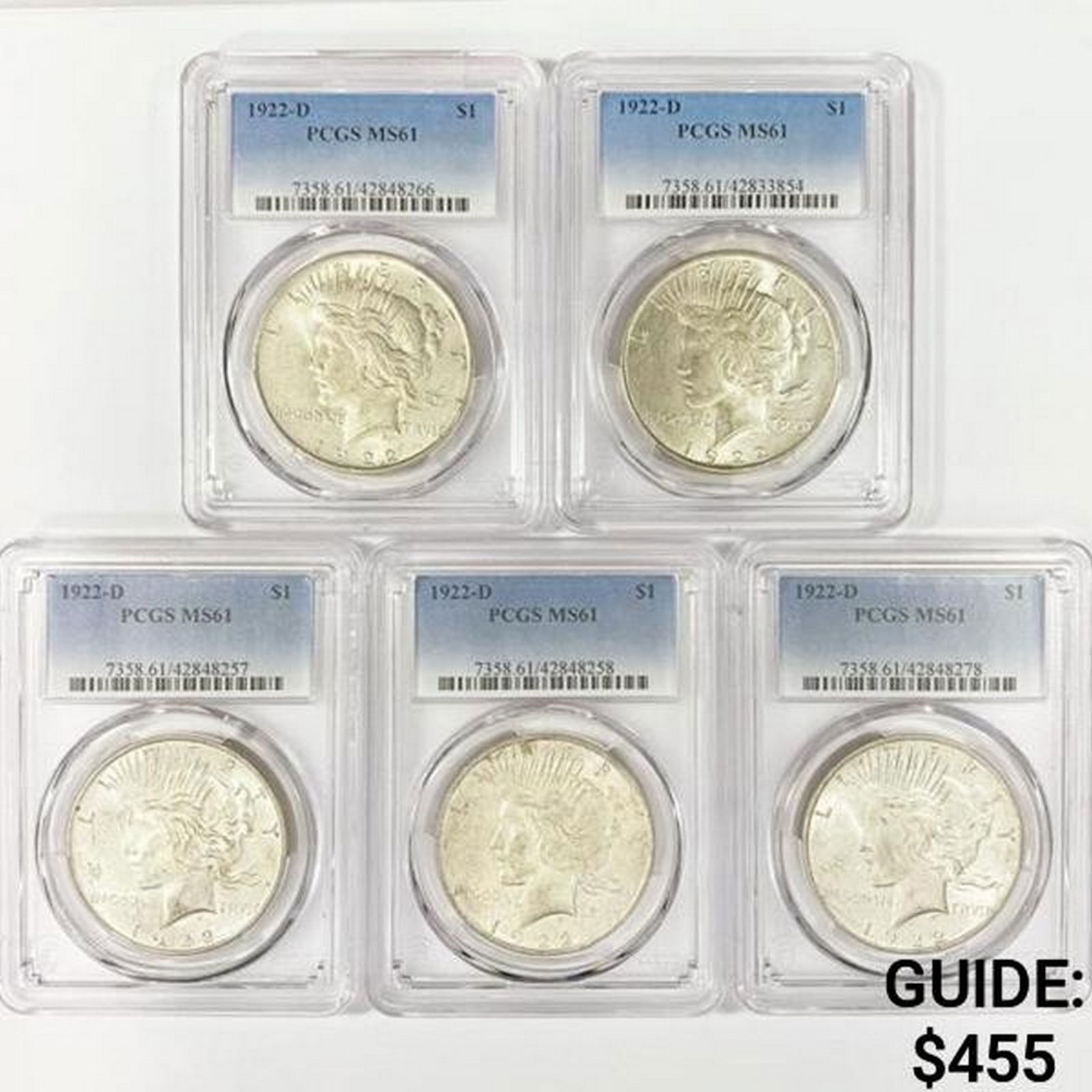 1922-D Set [5] Silver Peace Dollar PCGS MS61 (1 of 2)