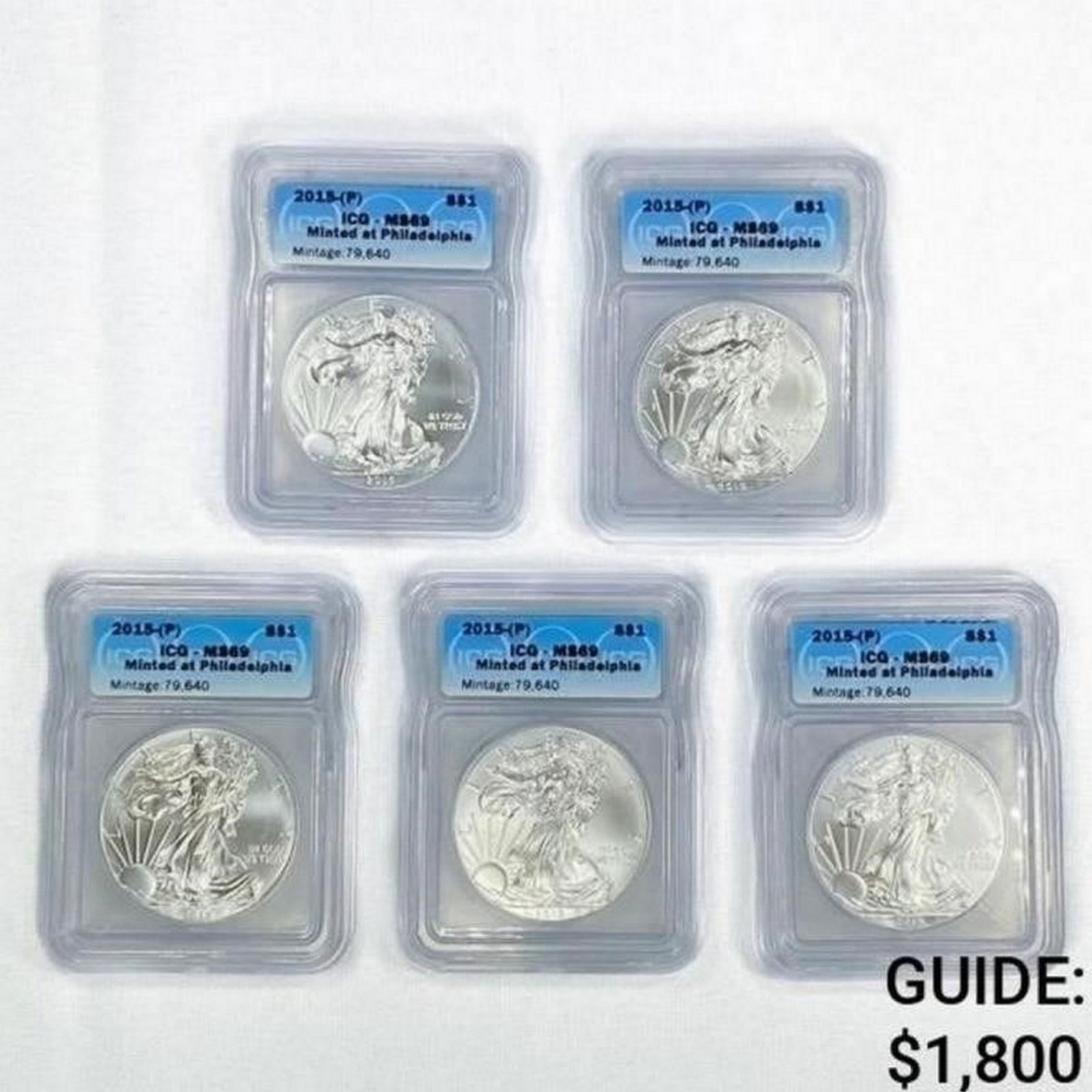 (5) 2015-P American Silver Eagle ICG-MS69 RARE P (1 of 2)