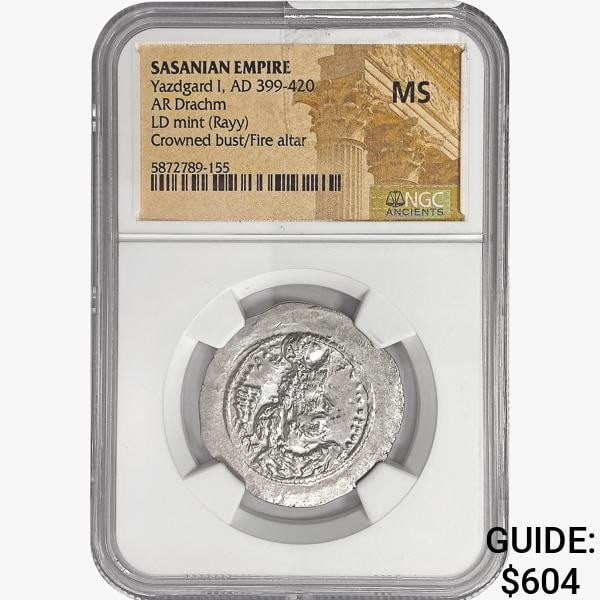 399-420 AD Sasanian Empire Silver Drachm NGC MS (1 of 2)