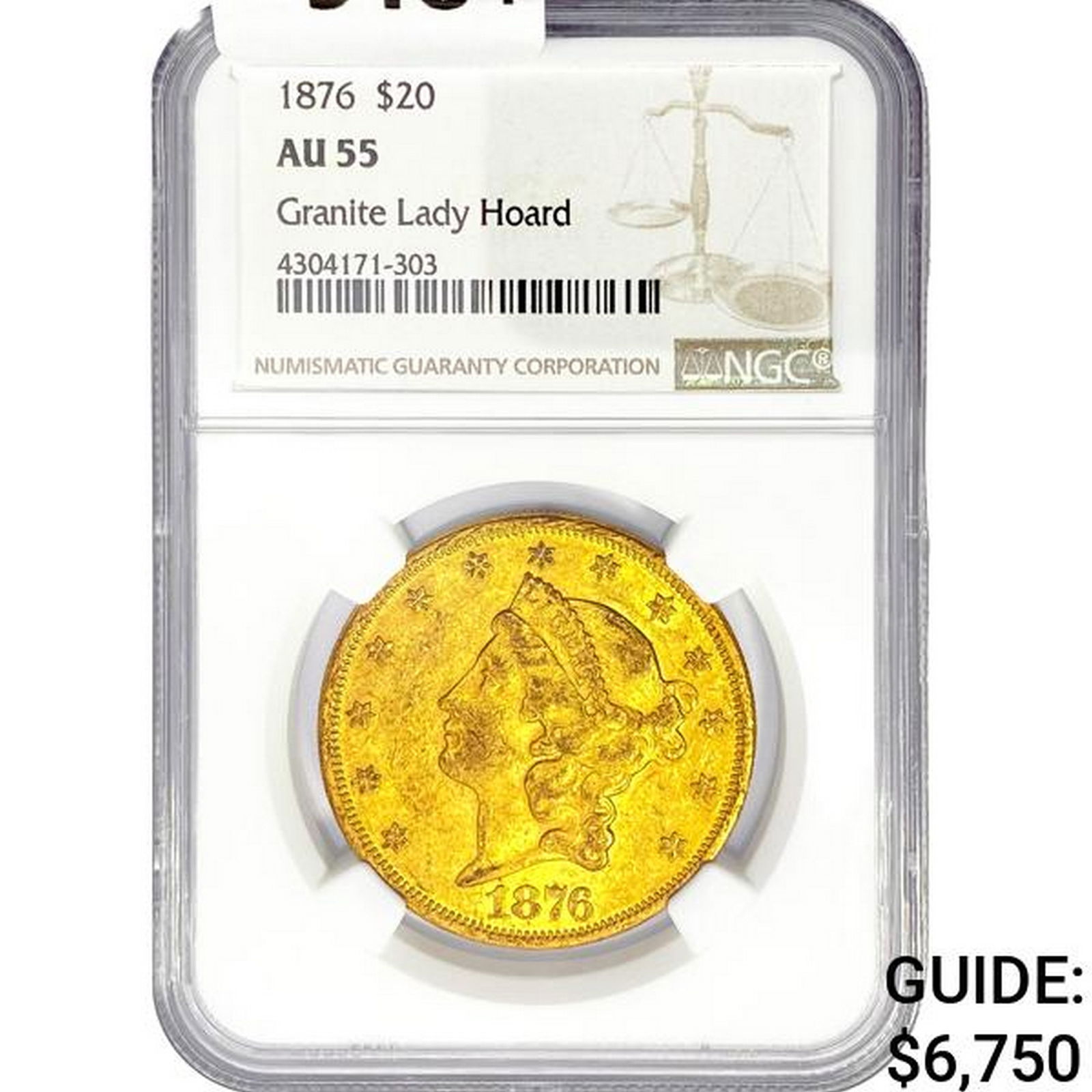 1876 $20 Gold Double Eagle NGC AU55 Granite Lady H (1 of 2)