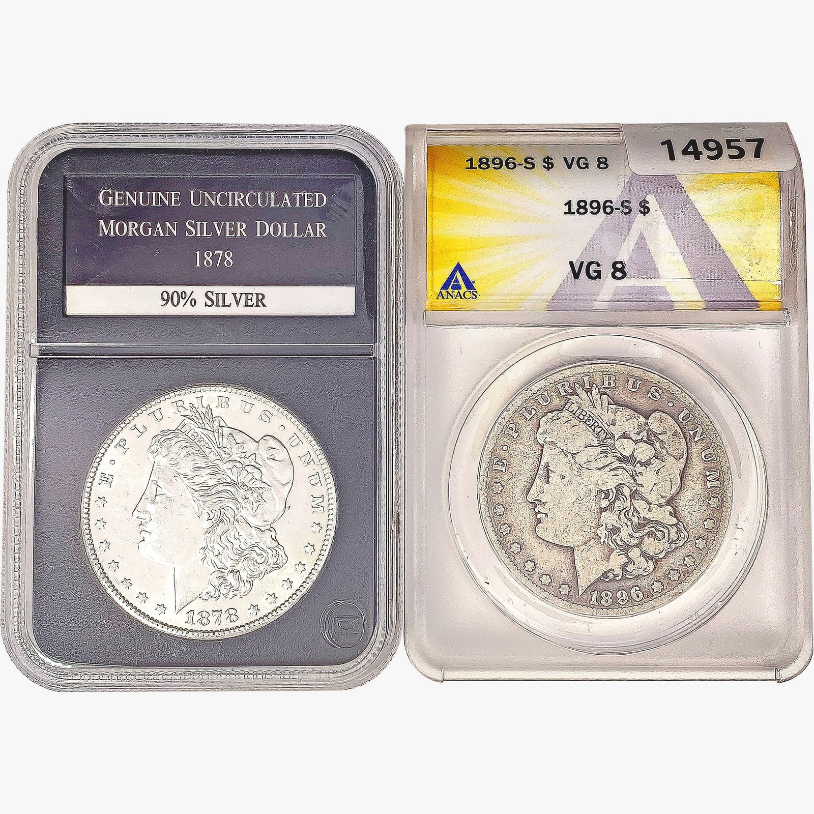 1878&1896 [2] Morgans Silver Dollars  VG/GU (1 of 2)