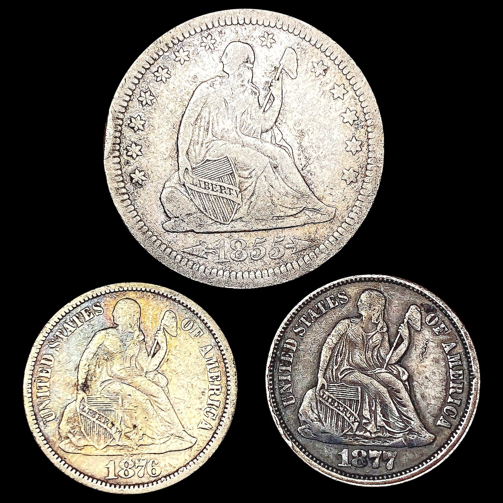 [3] Varied Seated Lib Type Coins [1855, 1876, 1877: [3] Varied Seated Lib Type Coins [1855, 1876, 1877