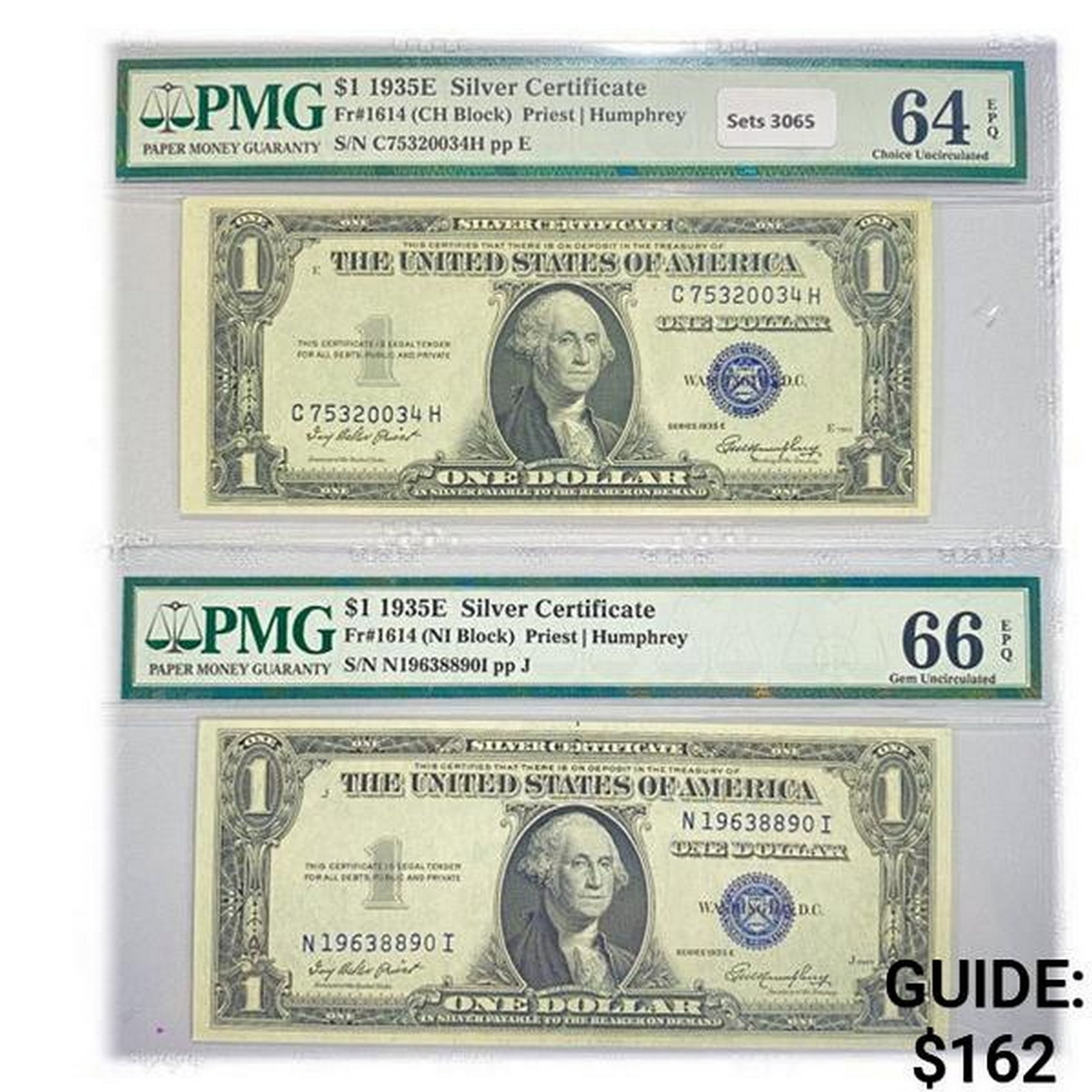(2) 1935 E $1 Silver Cert.'s PMG (1 of 2)