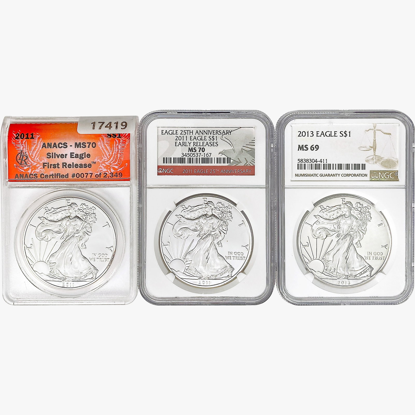 [3] American 1oz Silver Eagles NGC/ANACS MS69/70 [ (1 of 2)