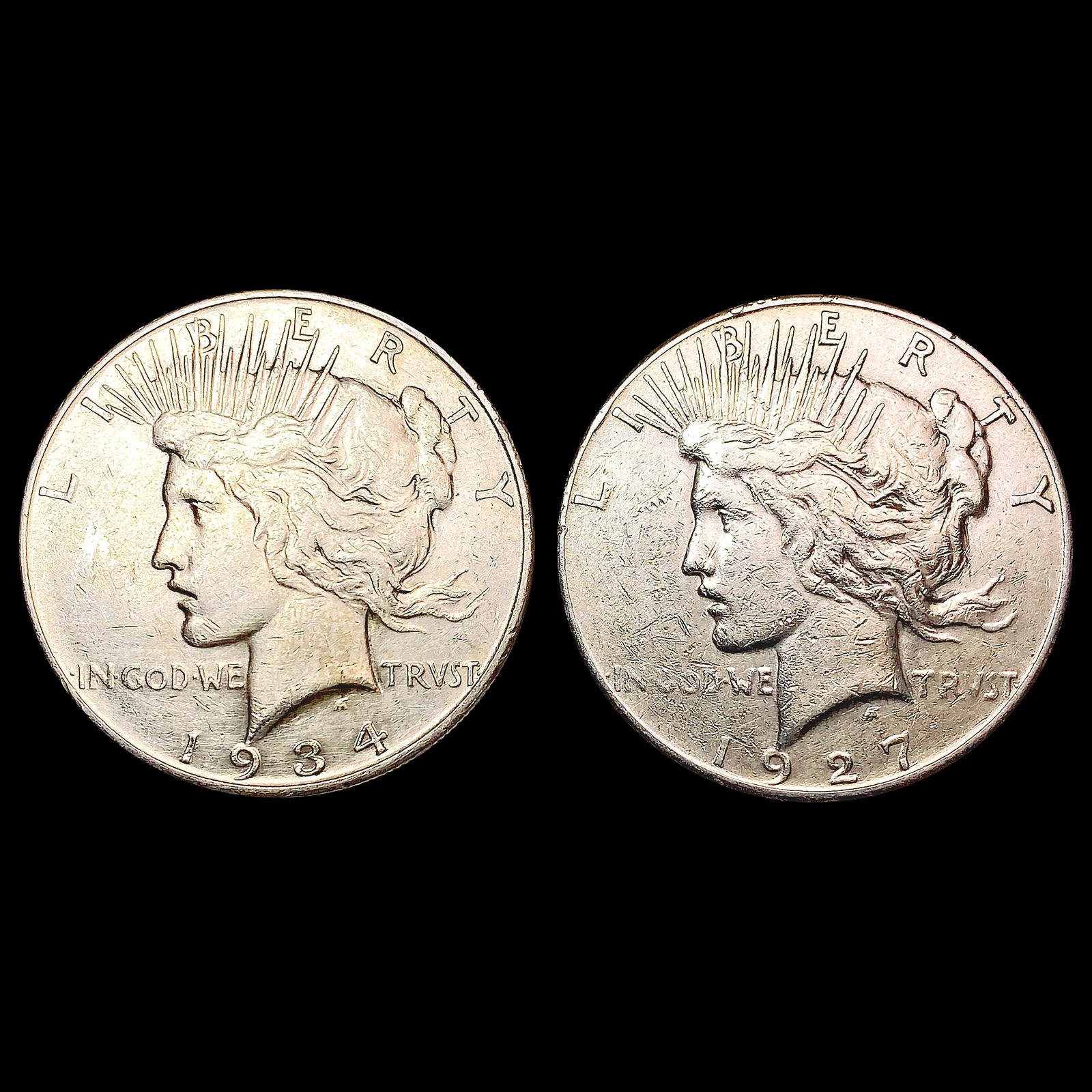 [2] Peace Silver Dollars [1927-S, 1934-D] CLOSELY (1 of 2)