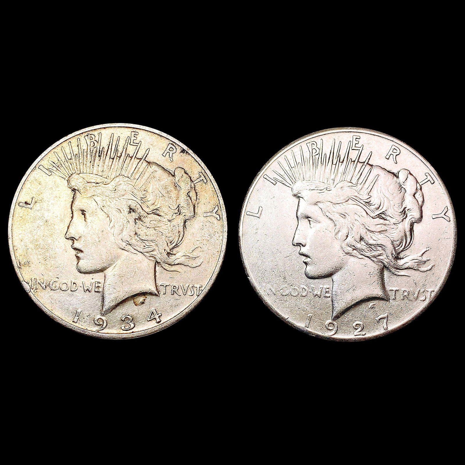 [2] Peace Silver Dollars [1927, 1934-D] CLOSELY UN (1 of 2)