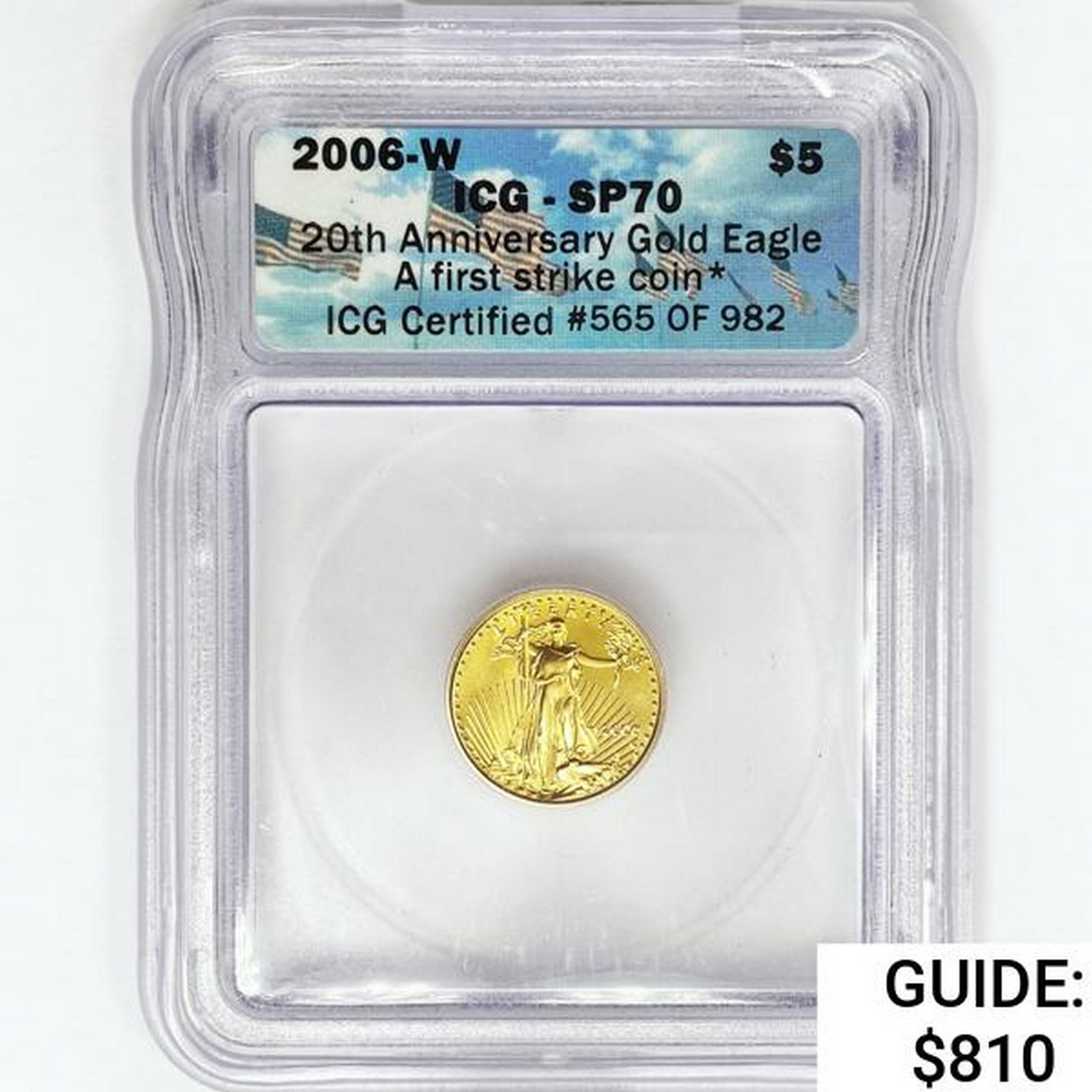 2006-W $5 1/10oz AGE ICG SP70 1st Strike, 20th Ann: 2006-W $5 1/10oz AGE ICG SP70 1st Strike, 20th Ann