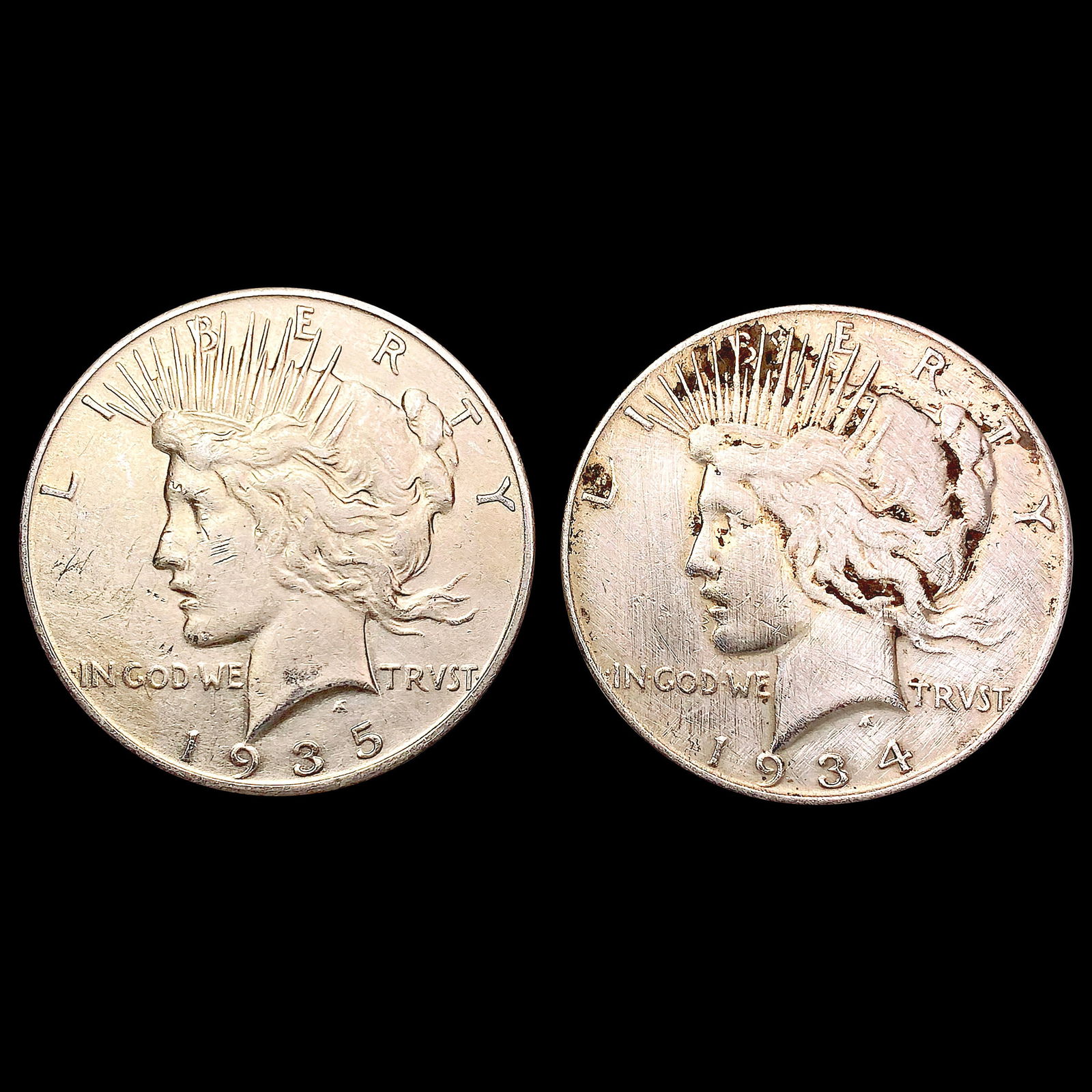[2] Peace Silver Dollars [1934, 1935-S] CLOSELY UN (1 of 2)