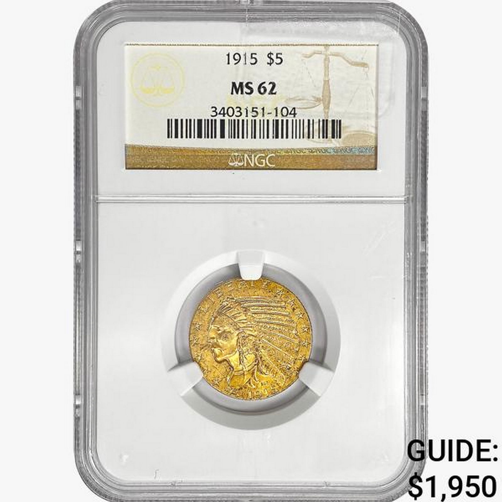 1915 $5 Gold Half Eagle NGC MS62 (1 of 2)