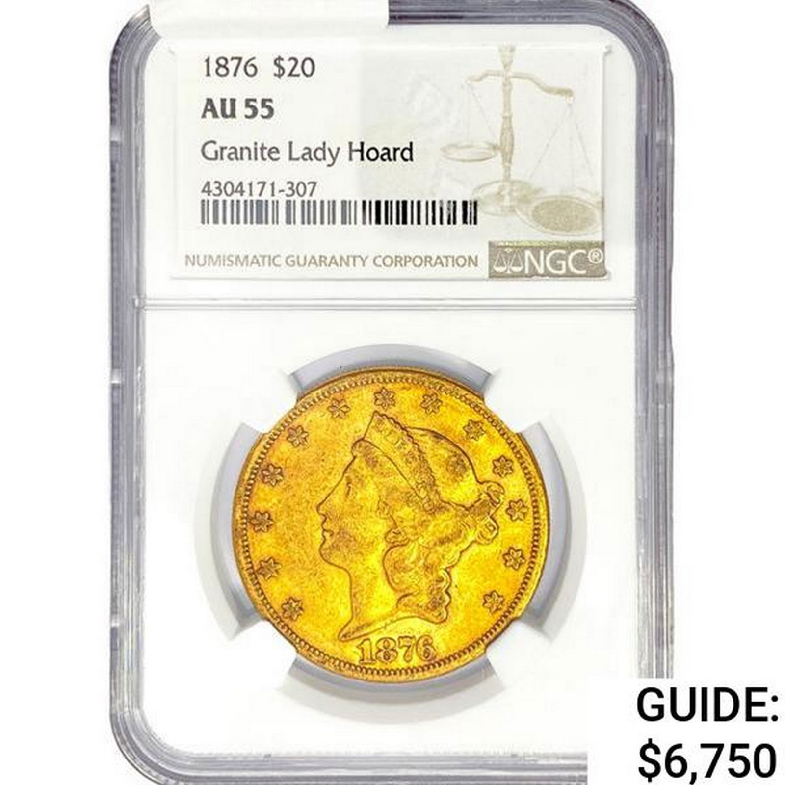 1876 $20 Gold Double Eagle NGC AU55 Granite Lady H (1 of 2)