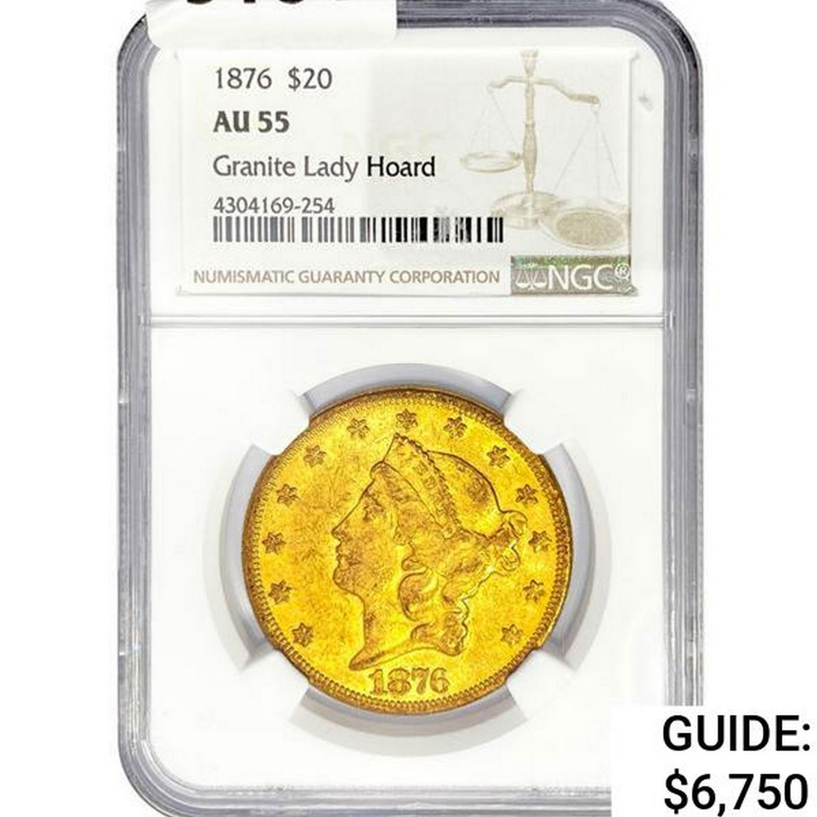 1876 $20 Gold Double Eagle NGC AU55 Granite Lady H (1 of 2)