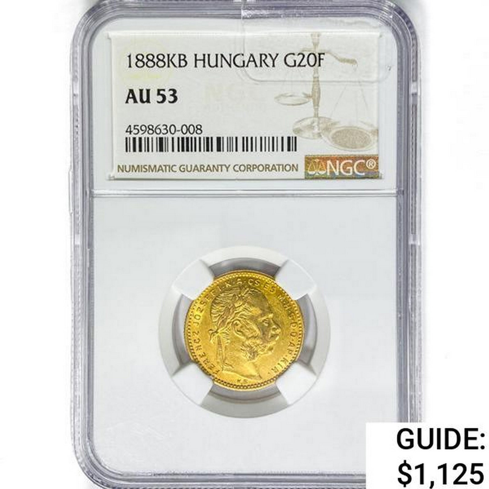 1888KB Hungary .1867oz. Gold 20 Francs NGC AU53: 1888KB Hungary .1867oz. Gold 20 Francs NGC AU53