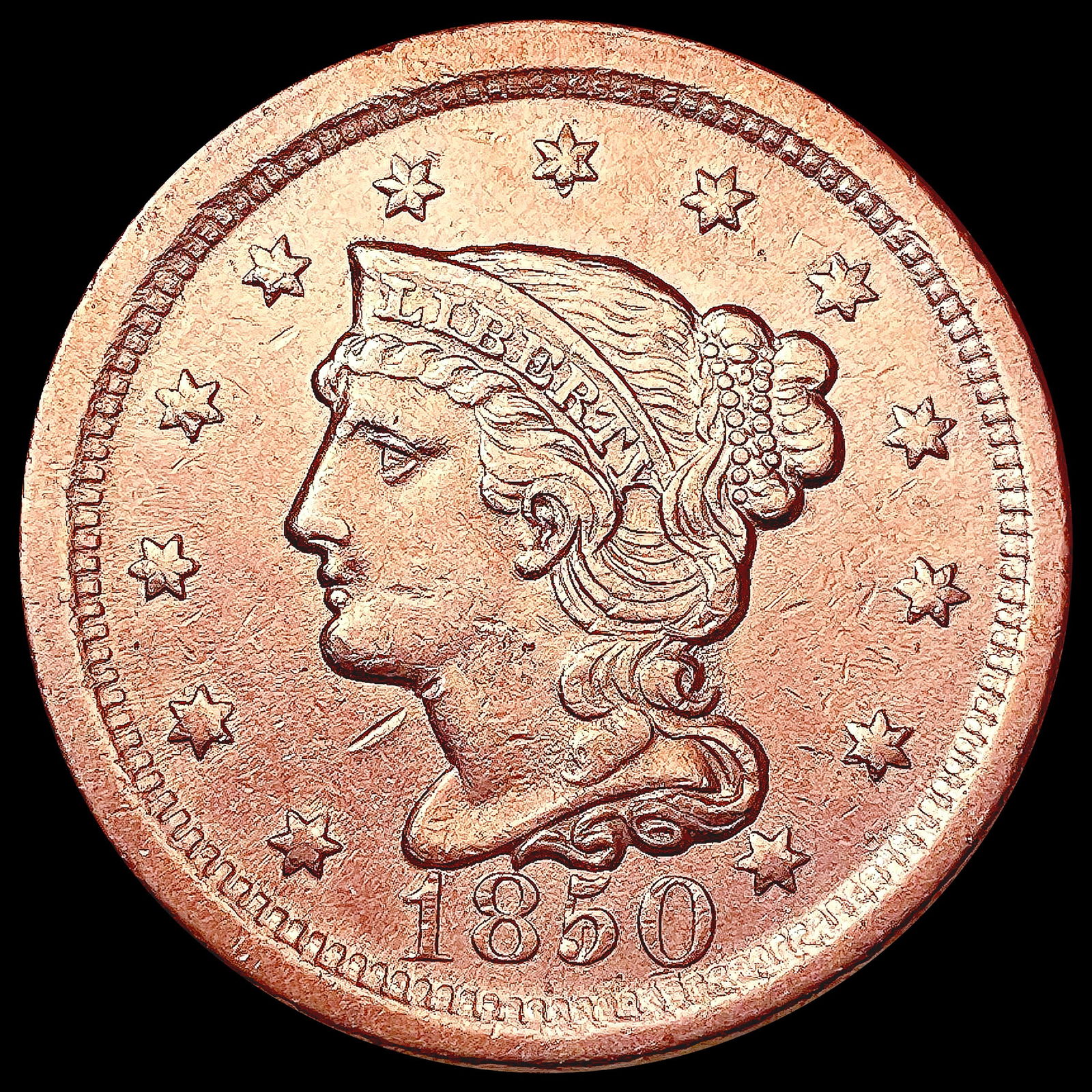 1850 RED Braided Hair Large Cent CHOICE AU (1 of 2)