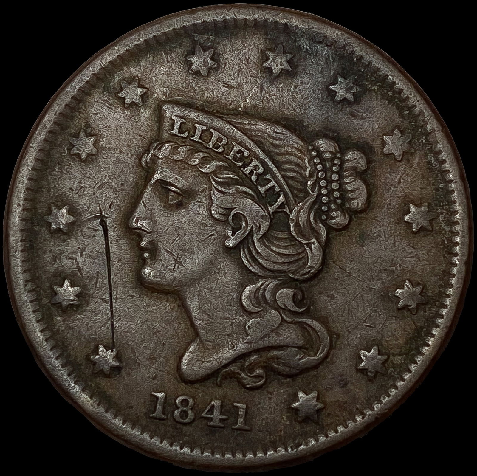 1841 Braided Hair Large Cent NEARLY UNCIRCULATED (1 of 2)