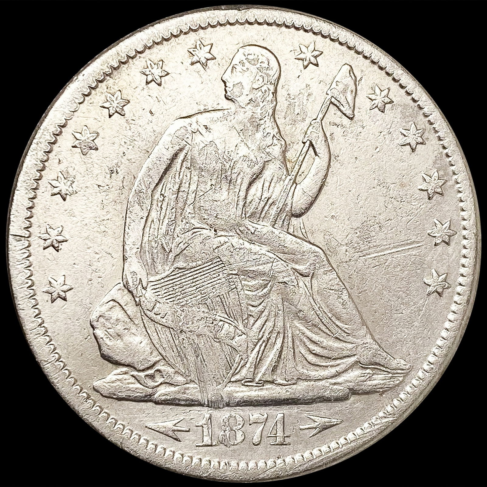 1874 Arws Seated Liberty Half Dollar ABOUT UNCIRCU (1 of 2)