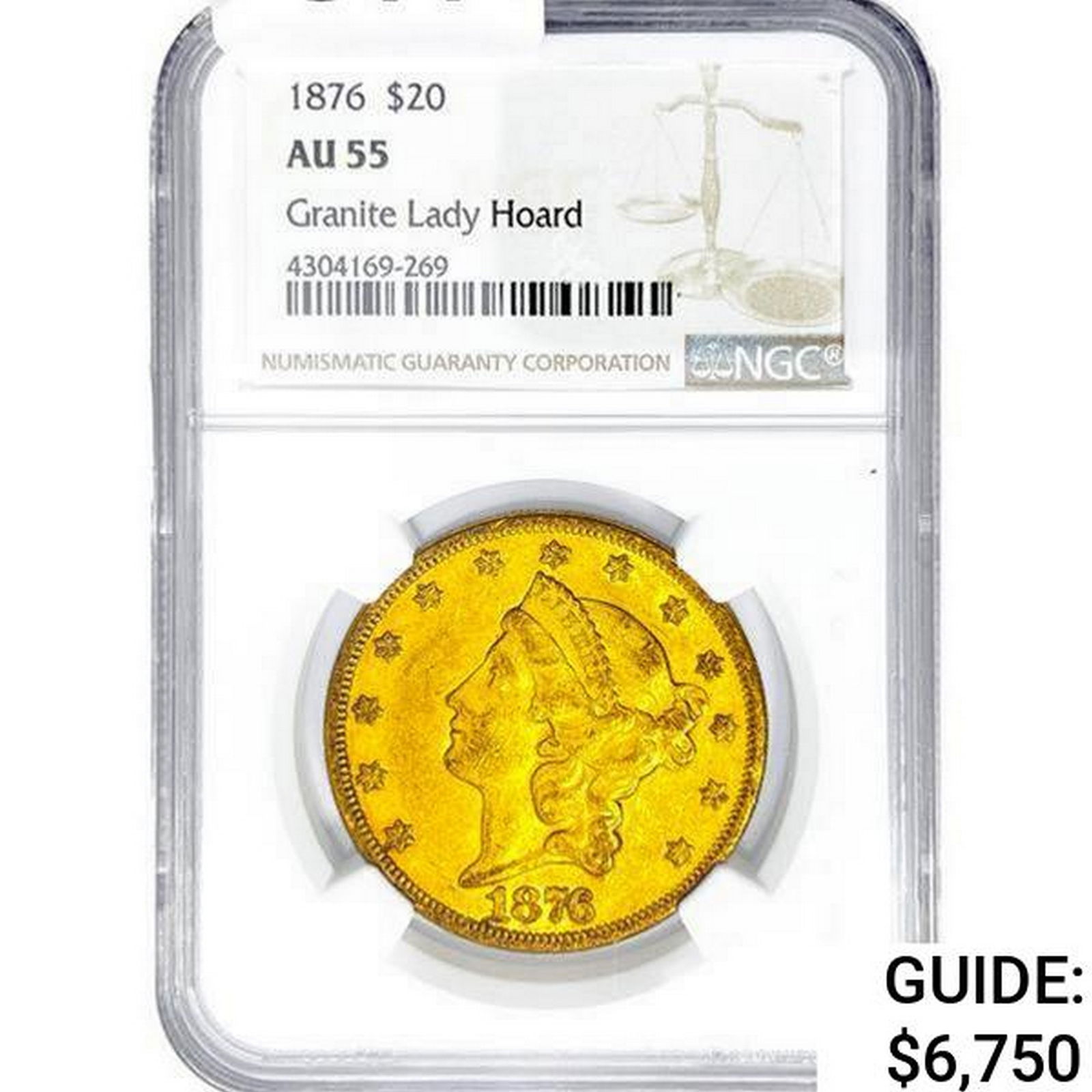 1876 $20 Gold Double Eagle NGC AU55 Granite Lady H (1 of 2)