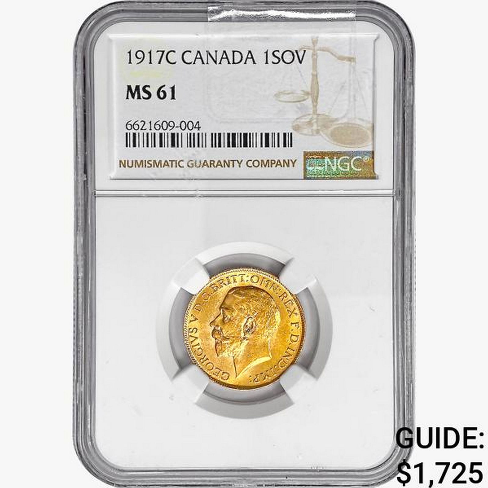 1917C Canada 1 Sovereign .2355oz. Gold NGC MS61: 1917C Canada 1 Sovereign .2355oz. Gold NGC MS61
