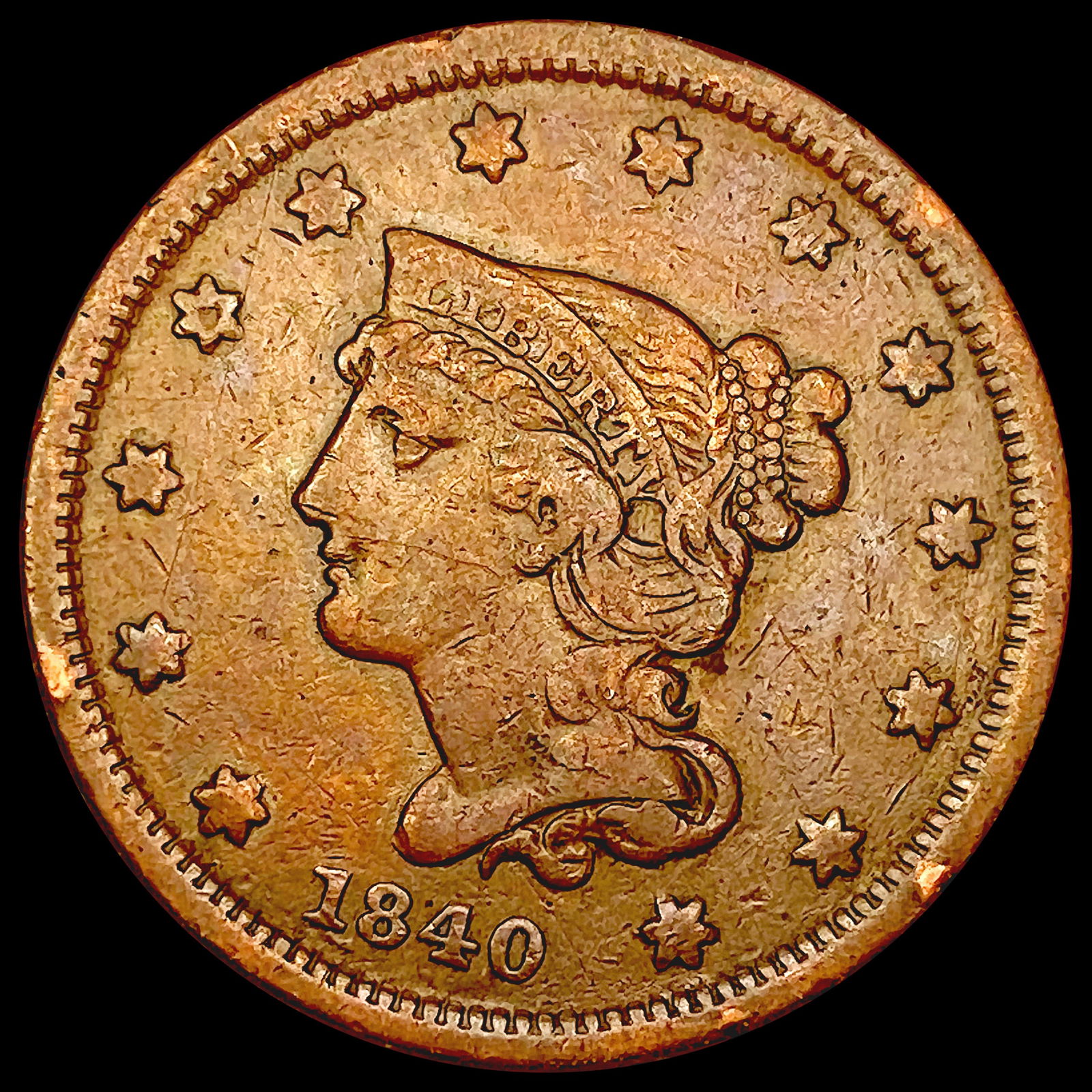1840 Sm Date Braided Hair Large Cent LIGHTLY CIRCU (1 of 2)