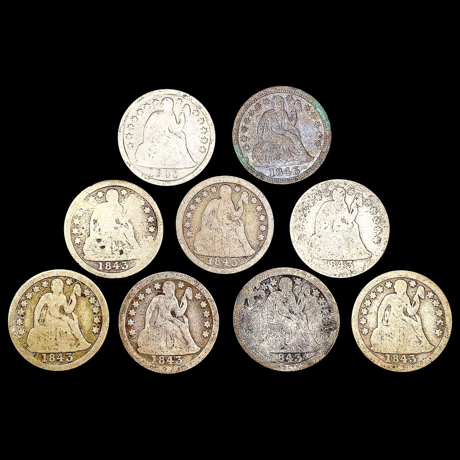 [9] 1843 Seated Liberty Dimes NICELY CIRCULATED (1 of 2)