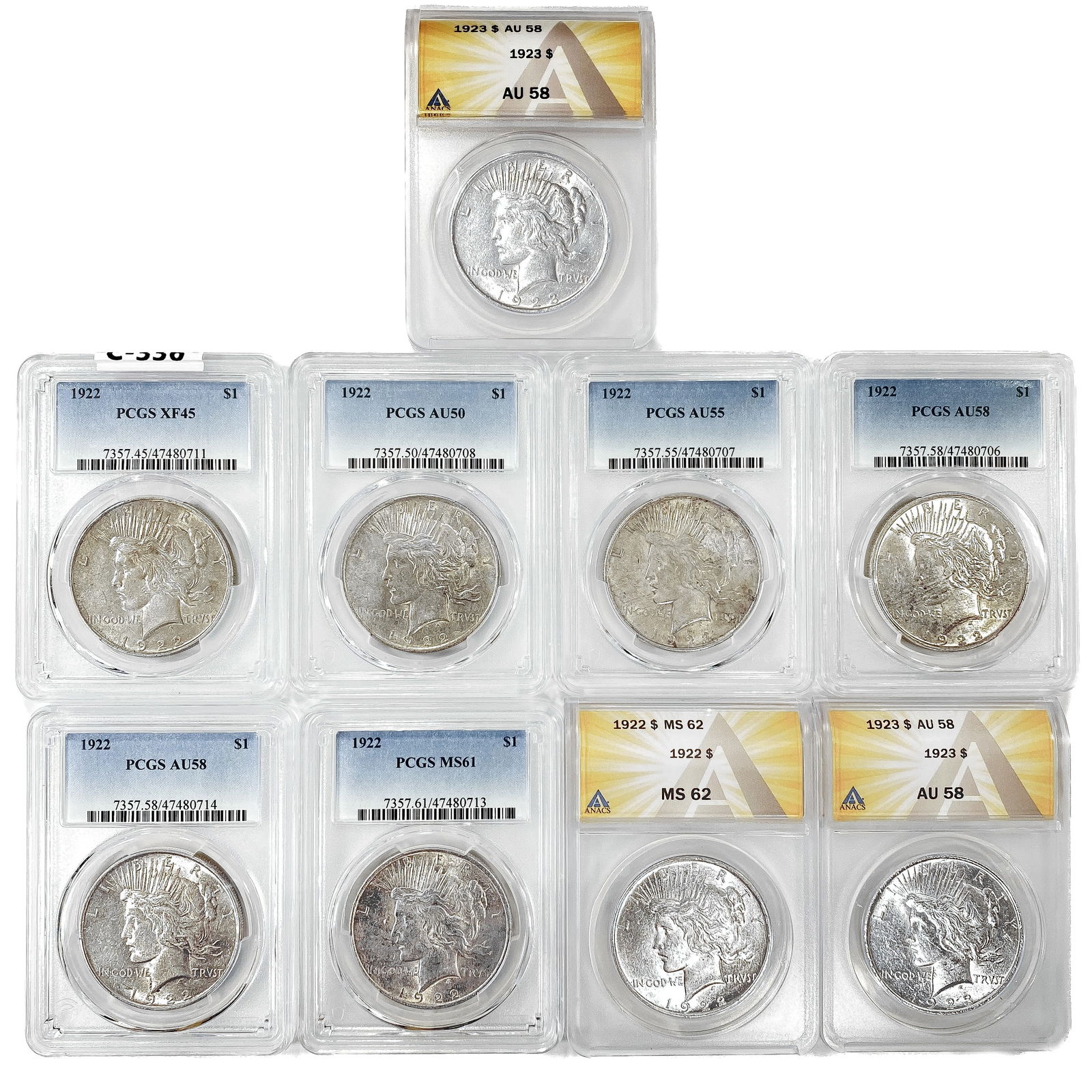 [9] 1922-23 Peace Silver Dollars ANACS/PCGS AU/MS (1 of 2)