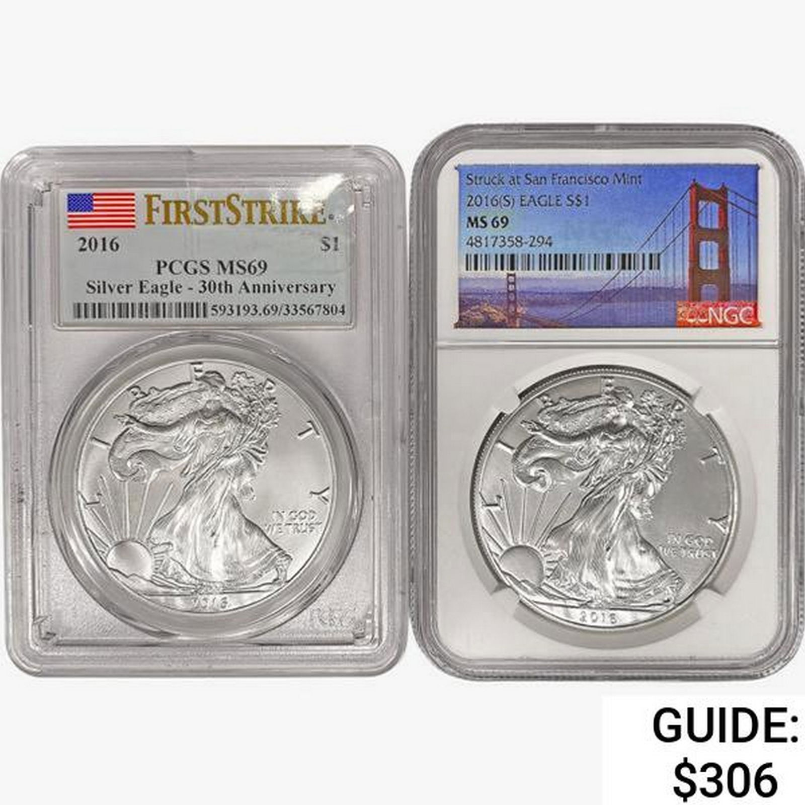 [2] 2016 Silver Eagle NGC,PCGS MS69 (1 of 2)