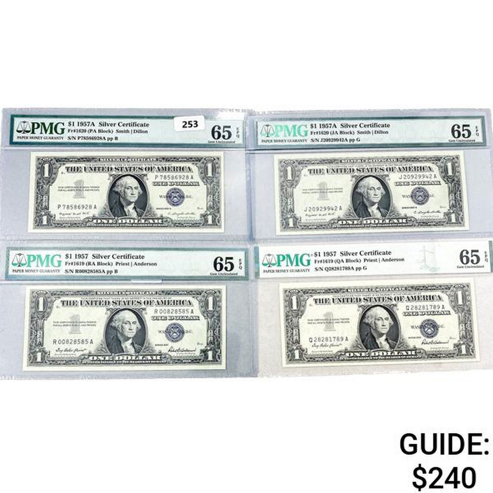 (4) 1957A $1 Silver Cert.'s PMG GEM UNC65 (1 of 2)