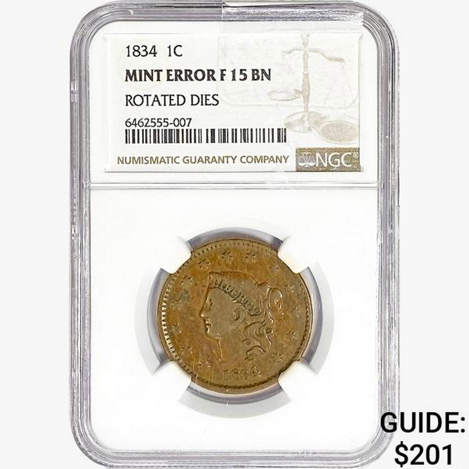1834 Coronet Head Large Cent NGC F15 BN Mint ERR. (1 of 2)
