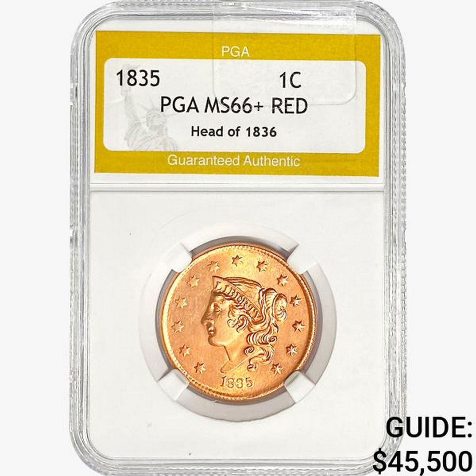 1835 Coronet Head Large Cent PGA MS66+ RED Head of (1 of 2)