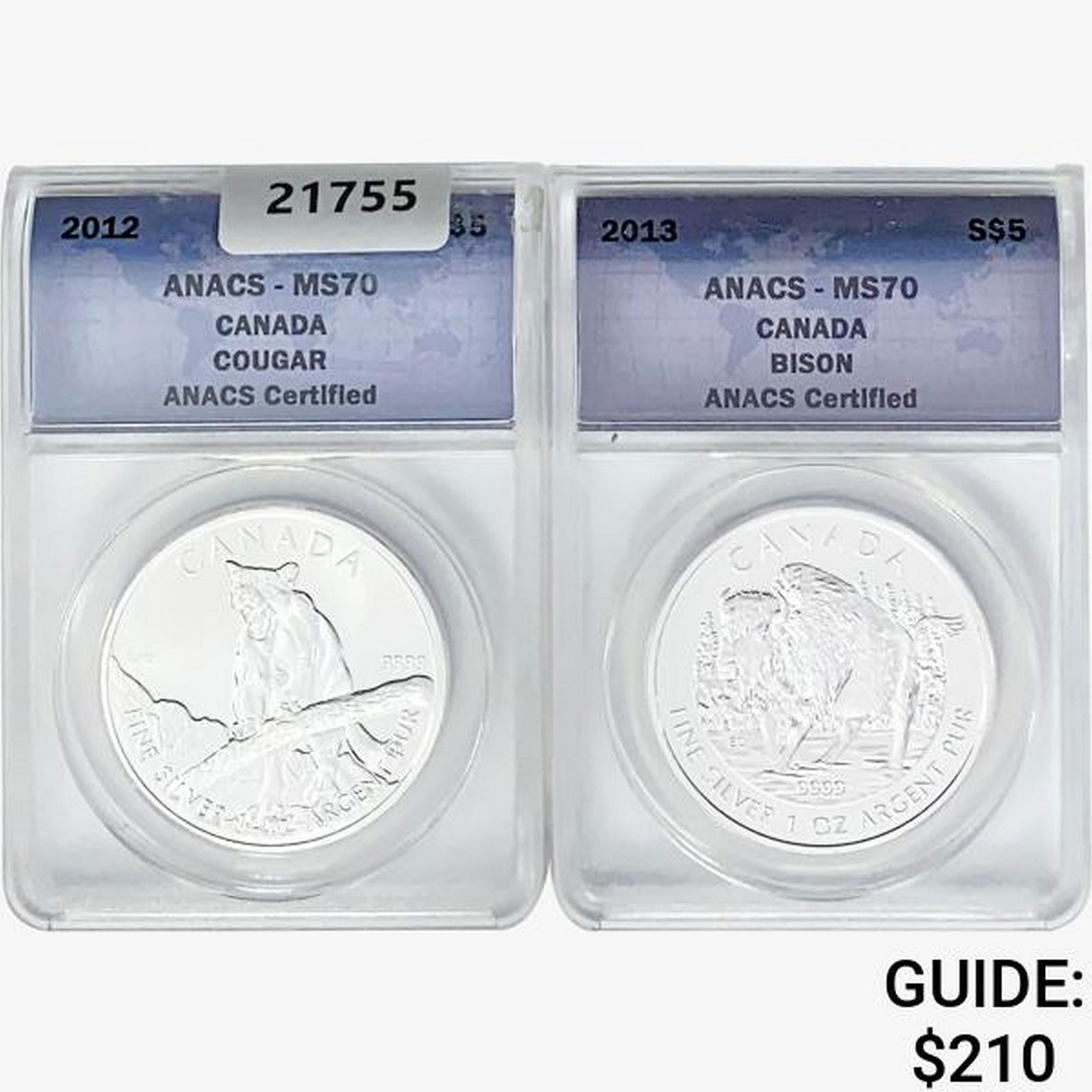 2012-2013 [2] 1oz. Silver $5 Canada ANACS MS70 (1 of 2)
