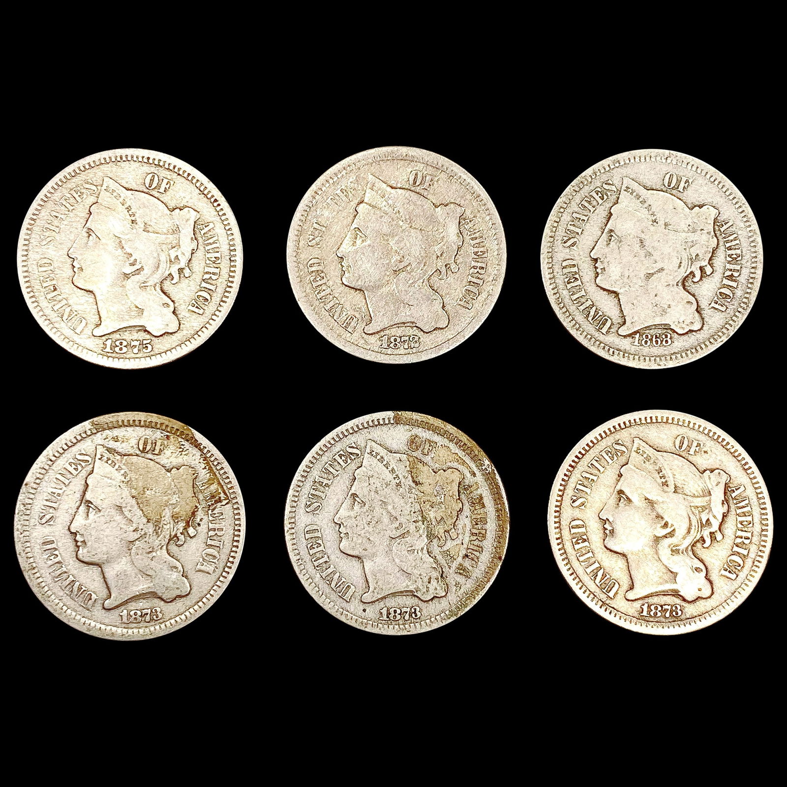 [6] US 3 Cent Nickels [1868, 1872, [4] 1873] NICEL (1 of 2)