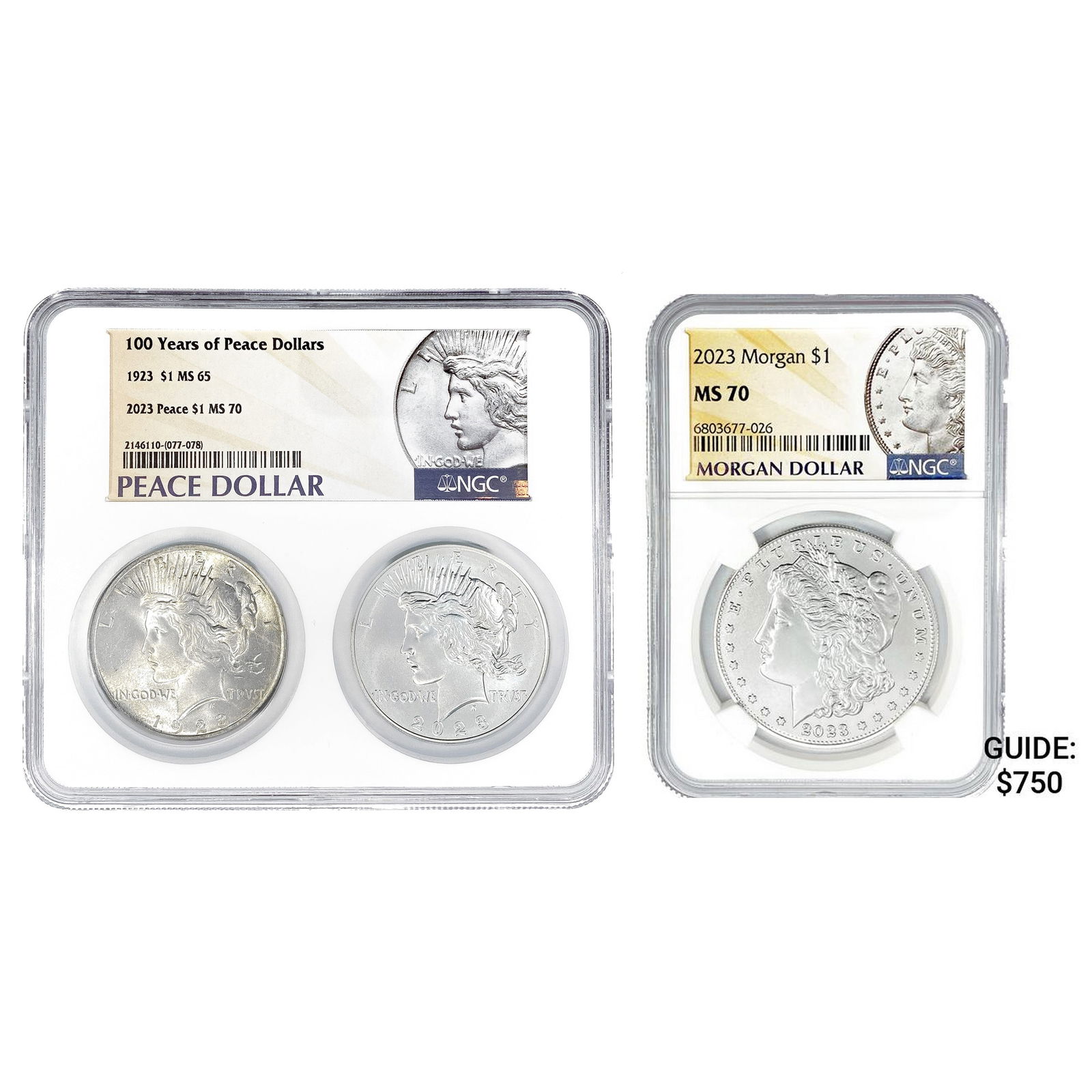 2023 Morgan & 2023 Peace Dollars NGC MS70 , 1923 Peace GEM 3 Coin Set (1 of 2)