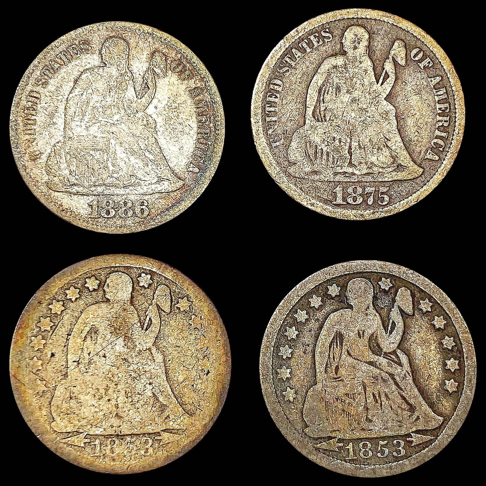 [4] Seated Lib Dimes [1853, 1853-O, 1875-CC, 1886] (1 of 2)
