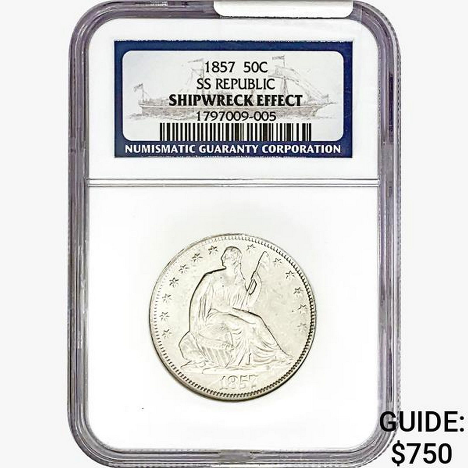 1857 Seated Lib. 50C NGC Shipwreck Effect SS REP. (1 of 2)