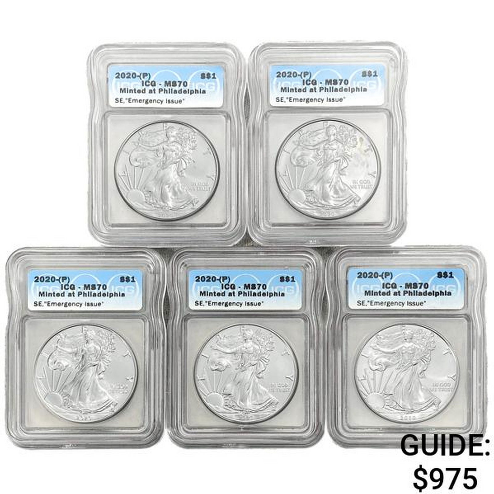 (5) 2020-P American Silver Eagle ICG MS70: (5) 2020-P American Silver Eagle ICG MS70