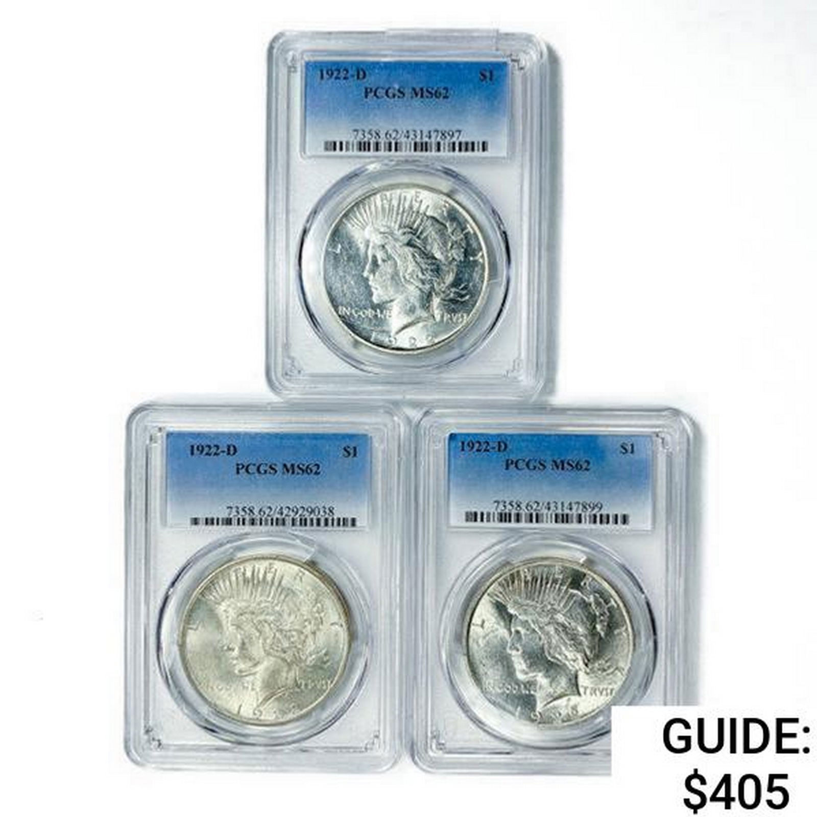 1922-D Set [3] Silver Peace Dollar PCGS MS62 (1 of 2)